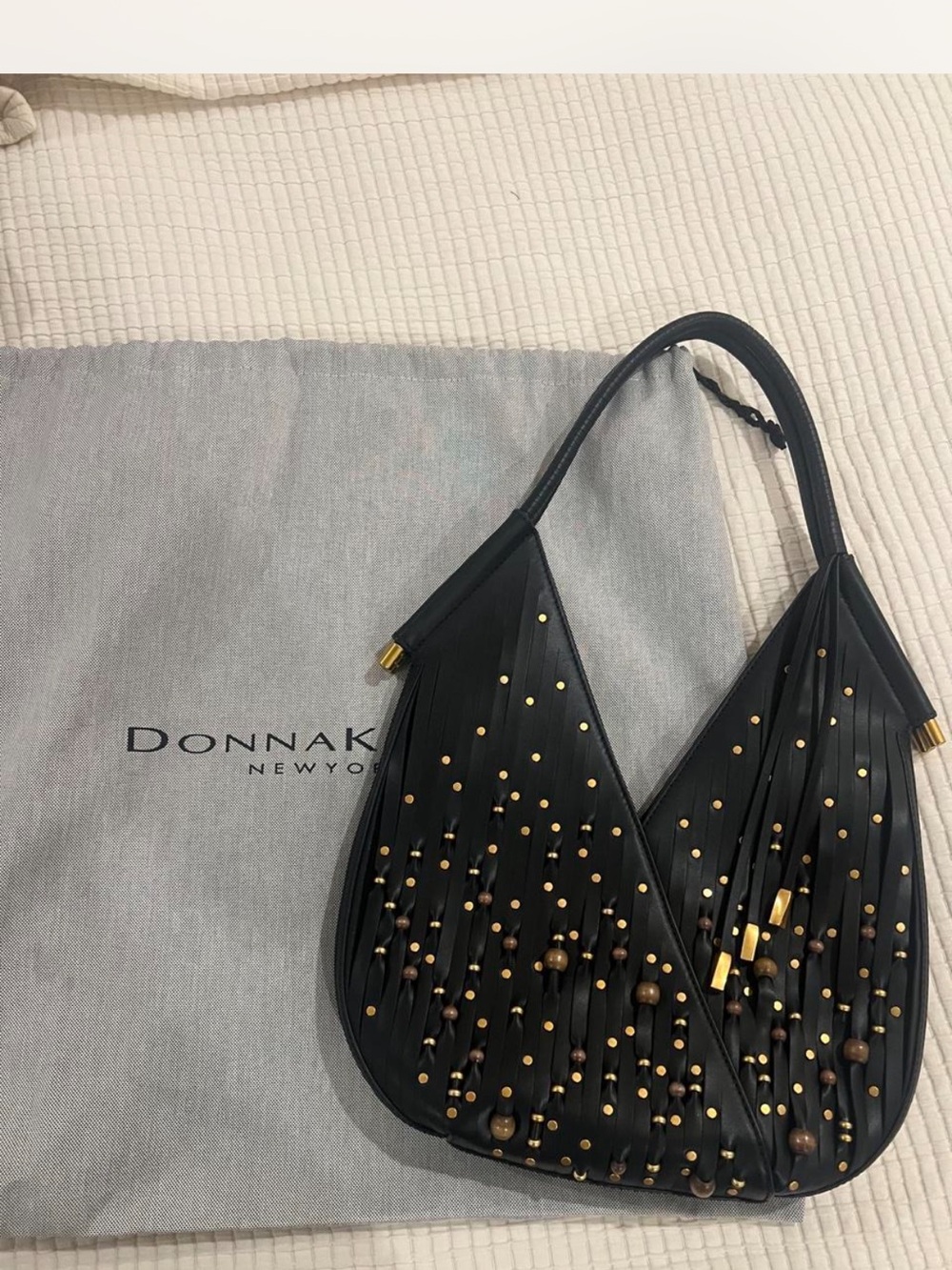Donna Karan Black Hobo with Gold and Brown Bead Details